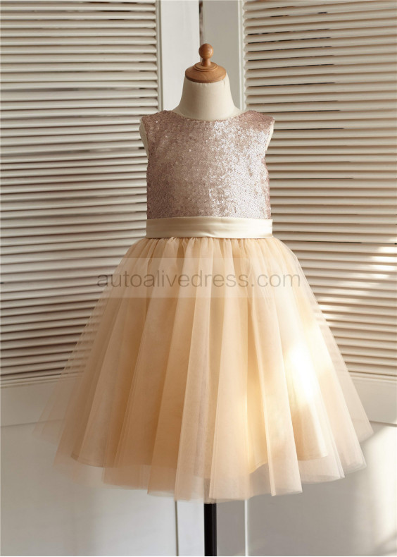 Matte Sequin Champagne Tulle Knee Length Flower Girl Dress